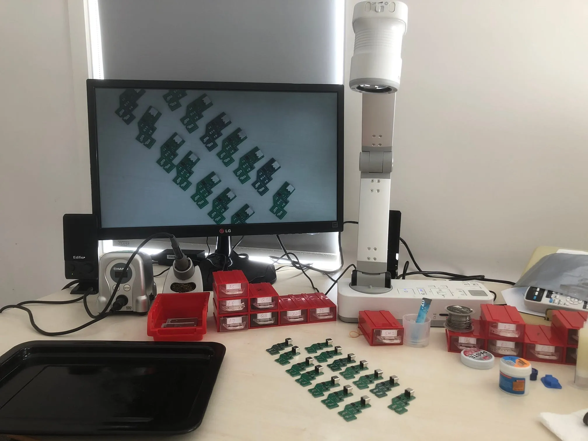 The workbench with equipment mid-repair